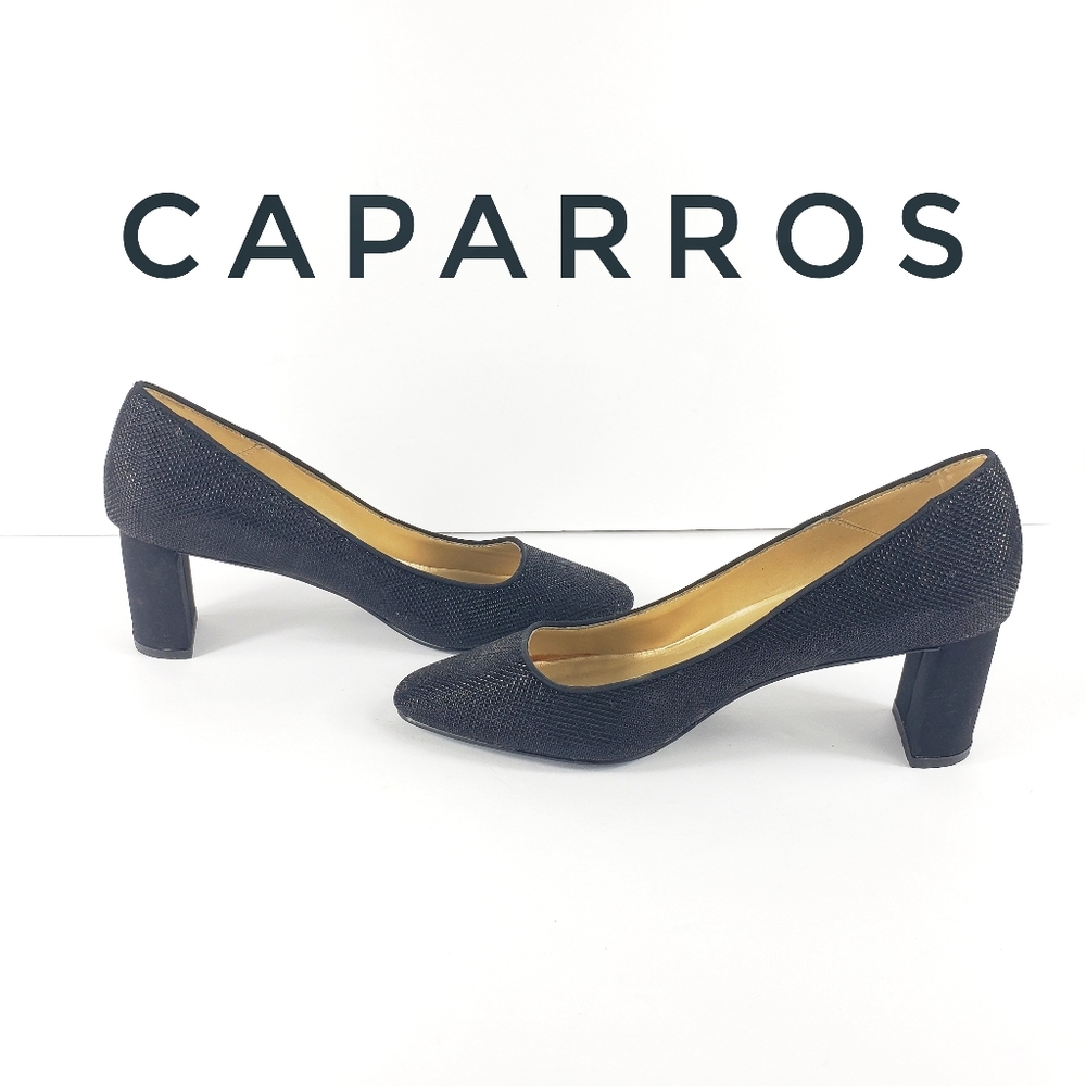 CAPARROS WOMEN SHINY BLACK BLOCK HEELS SIZE 8.5 - Picture 2 of 6